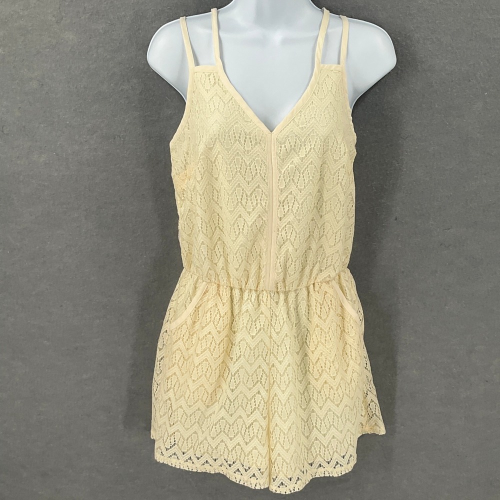 Xhilaration Women's Ivory Lace Romper Lined Strappy‎ V-Neck Sz XS Festival Boho
